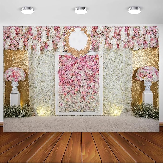 5x3ft Pink Flower Wall Photography Backdrop Proposal Ceremony Wedding Floral Photography Background Women Girl Birthday Party Bridal Shower Decor Banner Photo Booth Props
