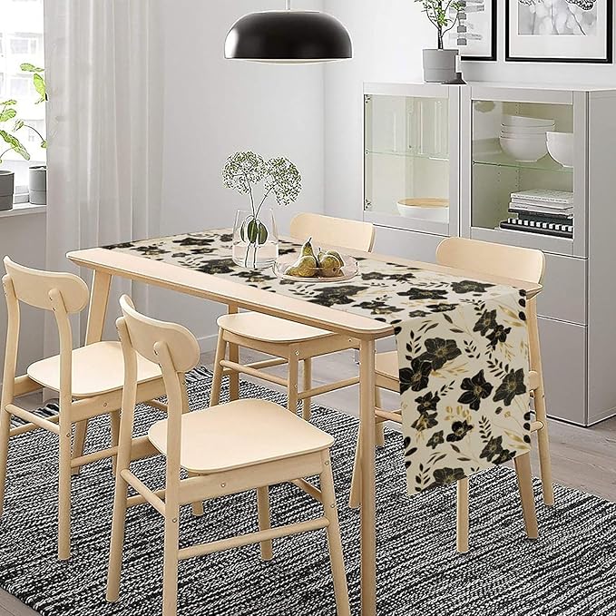 Black Gold Floral Table Runner, Mordern Minimalist Luxury Golden Floral Leaves Print Table Runner for Indoor Outdoor Home Decor Party Decor, 13x90inch