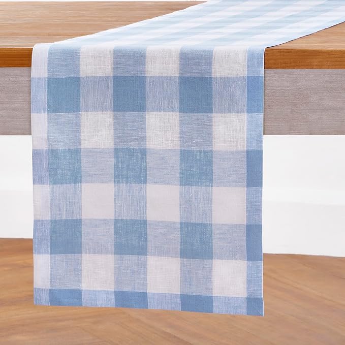 Solino Home Linen Checkered Table Runners 90 Inches Long - 100% Pure Linen Chambray Blue and White Buffalo Check Table Runner 14 x 90 Inch Ideal for Dining, Spring, Easter