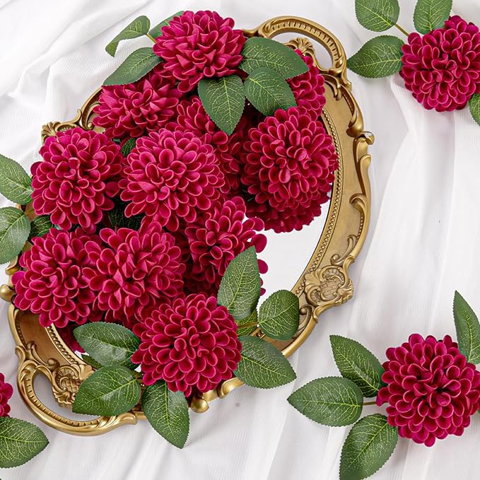 Artificial Flowers, 100pcs Artificial Rose for DIY Wedding Bouquets Centerpieces Arrangements, Hot Pink Dahlia Flowers with Stems for Bridal Shower Party Decoration