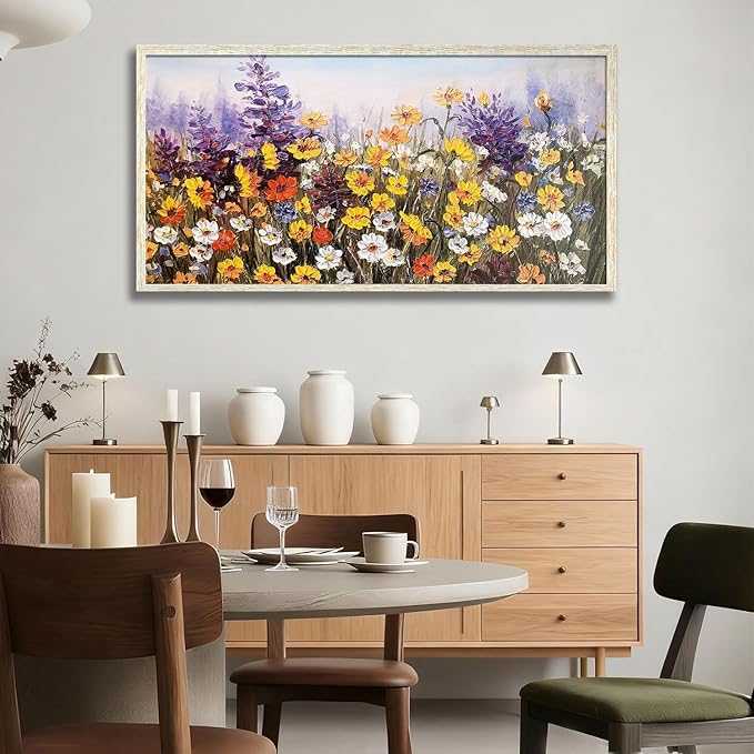 Ardemy Wildflower Wall Art Canvas Living Room Framed Daisy Floral Large Colorful Pictures Wall Decor Textured Purple Paintings Artwork for Walls Bedroom Home Office, 40"x20"