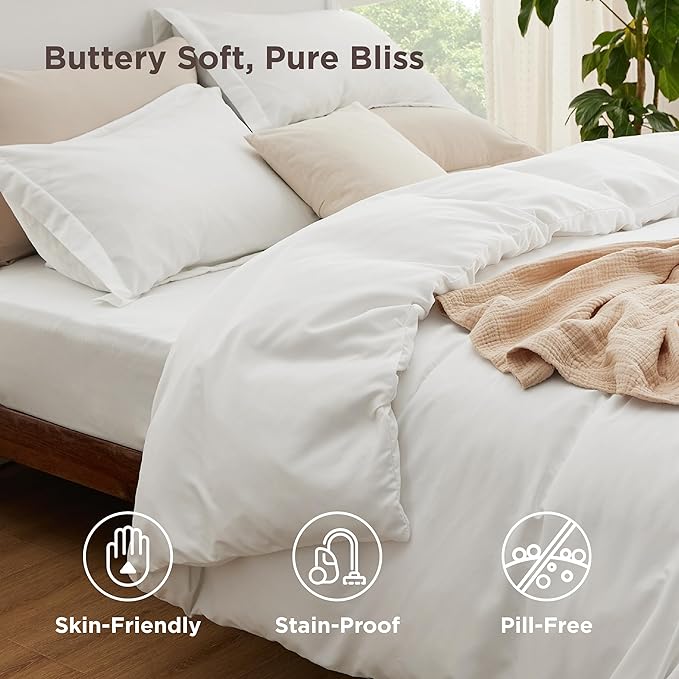 Bedsure Duvet Cover with Fitted Sheet Twin/Twin XL - Deep Pocket, Hotel Luxury Soft Double Brushed Bedding Set with Zipper Closure, 1 Duvet Cover, 1 Fitted Sheet, 1 Pillow Shams, NO Comforter, White