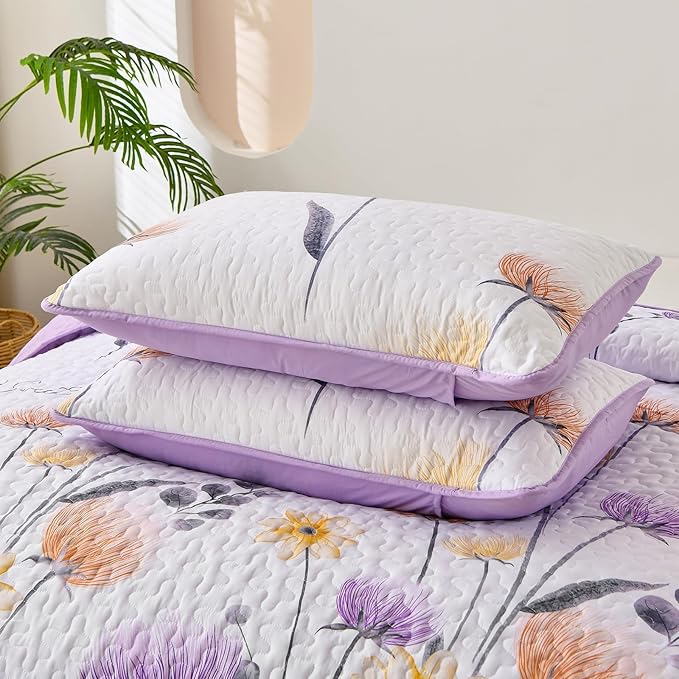 Dinjoy Floral Quilt Set Queen Size,Purple Bedspread Coverlet Botanical 3 Pieces Cute Fall Quilts Microfiber Lightweight Farmhouse Bedspreads Comforter Soft Bed Cover Sets for All Season(96"x90")