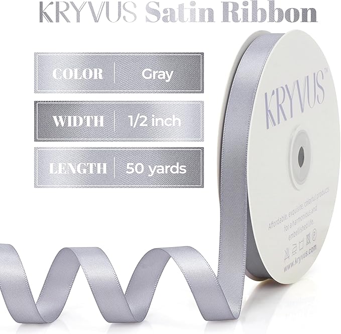 Gray Satin Ribbon, Double Faced 1/2 Inch X 50 Yards Gray Ribbon, Premium Satin Ribbon for Gift Wrapping, Crafts, Hair Bow Making, Sewing, Flower Bouquet, Wedding Party Decor