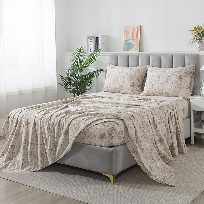 FADFAY Light Khaki Vintage Hydrangea Floral Queen Size Sheets Set 100% Brushed Cotton Shabby Peony Pattern Bedding Set Deep Pocket Sheets with 2 Pillowcases Luxury Daisy Breathable Soft 4pcs, Queen