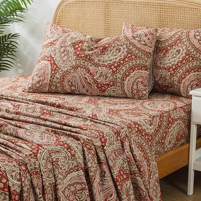 Zusbest Queen Size Bed Sheet Set 100% Cotton Burgundy Red Paisley Patterned Sheets Luxury Soft Breathable Crispy Cooling Percale Boho Bed Set Deep Pocket 17.5 Inches, 4 Pieces