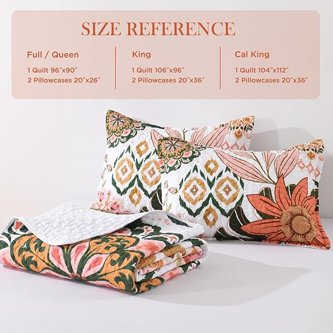 Andency Floral Boho California King Quilt Bedding Set Pink, 3 Pieces Farmhouse Flower Botanical Summer Oversized King Bedspreads, Soft Reversible Lightweight Microfiber Coverlet Set, 104"x112"