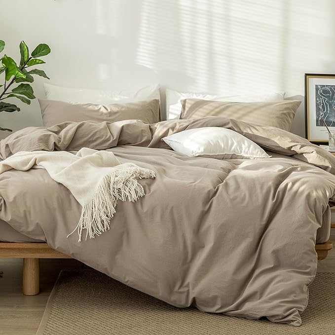MooMee Bedding Duvet Cover Set 100% Washed Cotton Linen Like Textured Breathable Durable Soft Comfy (Solid Light Camel, Alaska King 132"x120")