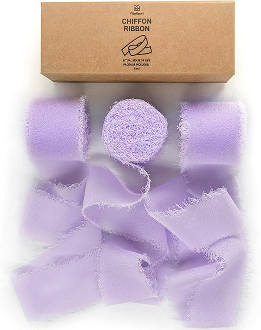 Vitalizart Lavender Purple Handmade Chiffon Silk Ribbon Fringe 3 Rolls 1.5" x 21 Yd Lilac Frayed Edges Ribbons for Wedding Invitations Bridal Bouquets Gifts Wrapping Crafts Holiday Decor