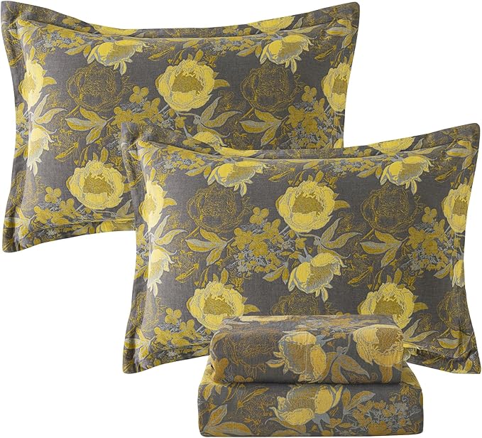 FADFAY Floral Sheets Set Queen Vintage Grey Yellow Floral Bedding Shabby Peony Farmhouse Bedding Super Soft Washed Double -Layer Muslin Sheets 100% Cotton Deep Pocket Fitted Sheet 4Pcs, Queen Size