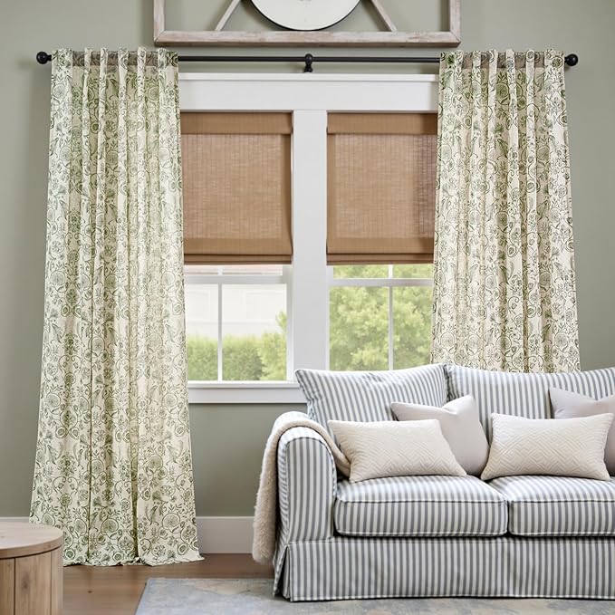 jinchan Linen Floral Curtains for Living Room with Printed Flower 84 Inches Long Light Filtering Farmhouse Window Treatment Vintage Drapes Back Tab Rod Pocket 2 Panels Green on Beige