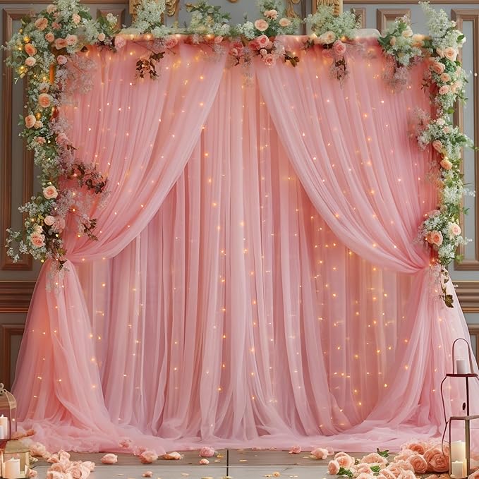 10ft x 10ft Dusty Rose Backdrop Curtain with Lights String for Parties, Sheer Tulle Wedding Photo Backdrops Drapes for Baby Shower Birthday Party Decorations Background for Photography