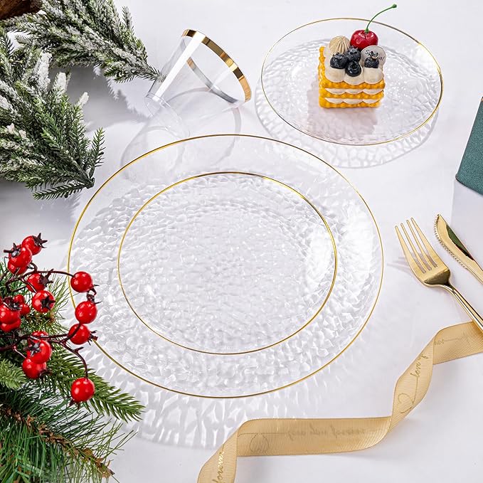 Rubtlamp 350 Pcs Clear Gold Plastic Plates, Hammered Disposable Dinnerware, Clear-Gold Plates Set Include 100 Plastic Platos, 150 Gold Disposable Silverware, 50 Cups And 50 Napkins for Christmas