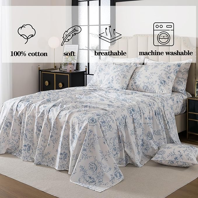 FADFAY 100% Cotton Blue Floral Bed Sheet Set, French Country Cottagecore Bedding 4Pcs, Luxury Soft Breathable Cooling Sheets with Deep Pocket Fitted Sheet, Flat Sheet & Pillowcases, King