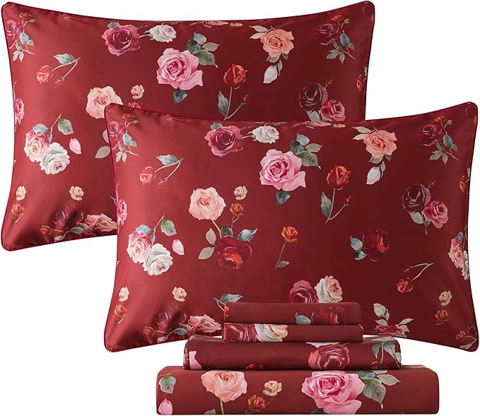 FADFAY Red Rose Sheets Set Queen Vintage Rose Floral Bedding Chic Rose Flower Bed Sheets Shabby Farmhouse Bedding 100% Egyptian Cotton 800 Thread Count Deep Pocket Fitted Sheet 4Pcs, Queen Size