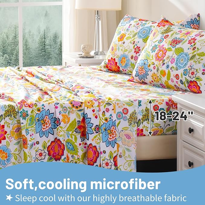 Bedlifes Queen Size Extra Deep Pocket Sheet Sets - Fits Mattresses Up to 18-24" Thick, 4-Piece Microfiber Set with 1800 Thread Count, Soft, Smooth, Breathable, Featuring Floral Spring Design