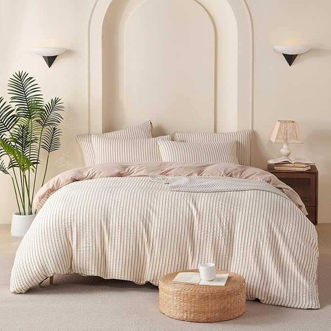 Striped Duvet Cover Queen Beige Washed Microfiber Jacquard 3 Pieces Bedding Set, White Beige Vertical Ticking Stripes Pattern Comforter Cover with Zipper Closure Breathable Durable Soft Comfy