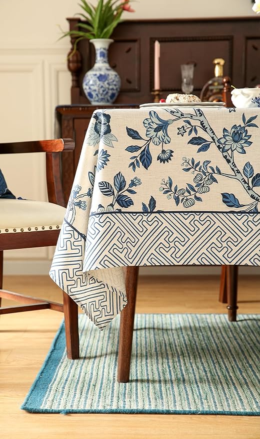 Vintage Blue and White Rectangle Tablecloth,French Linen Floral Wrinkle Free Tablecloths,Decorative Table Cover for Kitchen,Dining,Party,Thanksgiving,Christmas,55"*79"-Suqing