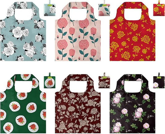 BeeGreen Rose Reusable Shopping Bags 6 Pack - Heavy Duty Washable and Foldable Polyester Shopping Bag for Women, Reusable Gift Grocery Totes Market Tote Bag with Handles for Travel Holiday
