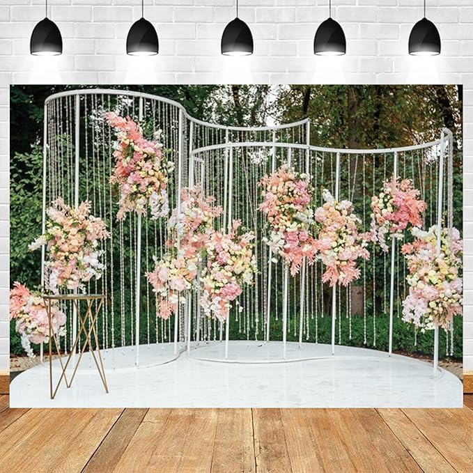 7x5ft Pink Floral Backdrop Green Leaves White Flowers Romantic Wedding Photography Background Natural Theme Birthday Banner Decorations Newborn Baby Shower Portrait Photo Booth Prop