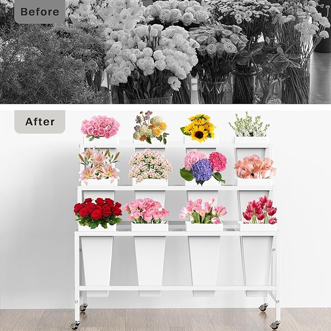 Flower Display Stand with 12 Buckets, Flower Cart 3 Layers White Metal Flower Bar Stand with Wheels, Moving Florist Bouquet Shelf for Weddings Florist Indoor Outdoor Patio Garden Living Room