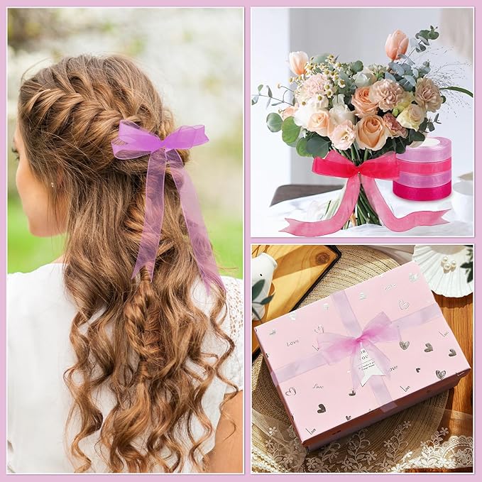 DECYOOL 4 Rolls 200 Yards Organza Ribbon for Gift Wrapping, 4/5 Inches Wide Pink Purple Sheer Chiffon Ribbon Fabric Ribbon for Wedding Birthday Bouquet Wrapping Bows DIY Crafts