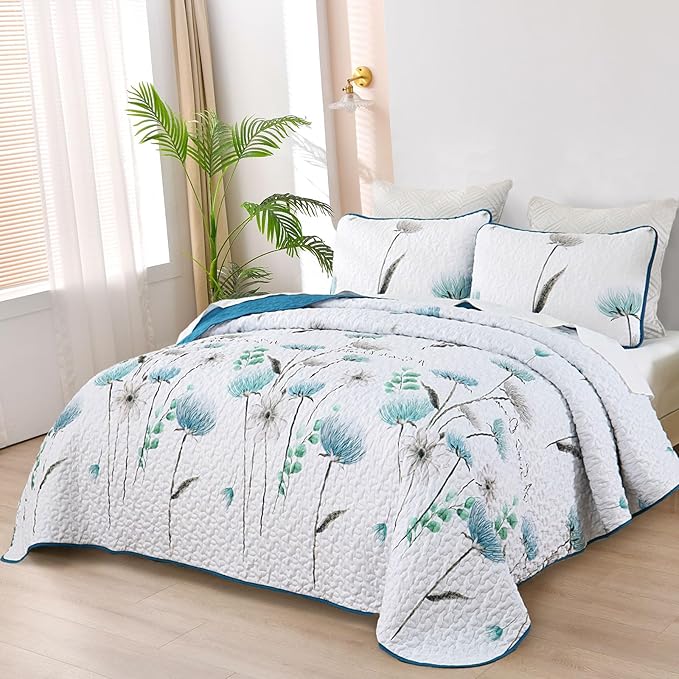 Dinjoy Quilt Set Full Size Teal Blue, Floral Bedspreads 3 Pieces Reversible Quilts Bedding Set Microfiber Lightweight Bedspread Coverlet Farmhouse Set for All Season78 x90