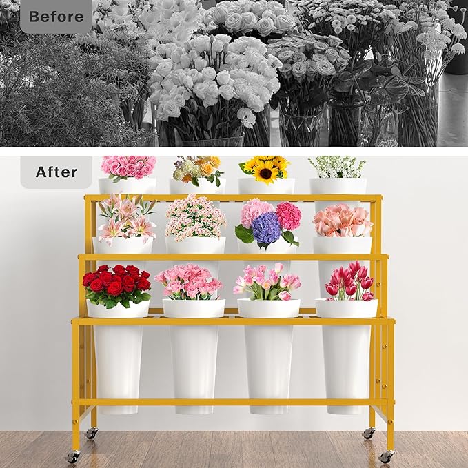 Flower Display Stand with 12 Buckets, Flower Cart Gold 3 Layers Metal Flower Bar Stand with Wheels, Moving Florist Bouquet Shelf for Weddings Florist Indoor Living Room Outdoor Patio Garden