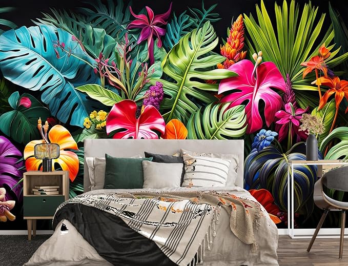 Tropical Botanical Leaf Wallpaper Colorful Jungle Palm Leaves Wall Mural for Living Room Bedroom（Not Peel and Stick）