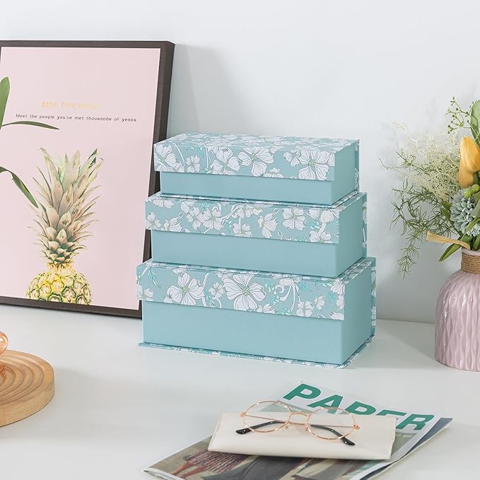 Soul & Lane Decorative Storage Boxes with Lids, Set of 3 Cardboard Boxes for Home Décor and Documents, Memory Organizers for Keepsakes with Magnetic Closure, Photo Storage, Blue Botanical