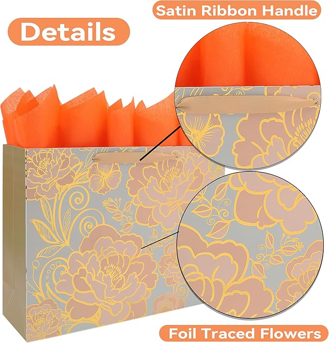 16.5” Extra Large Rose Gold Gift Bag Set with Handles, Greeting Card, Tissue Papers and Stickers for Women Girls for Birthday, Wedding, Valentine's Day and Mother’s Day, Foil Traced Flowers Design, 1 Pcs