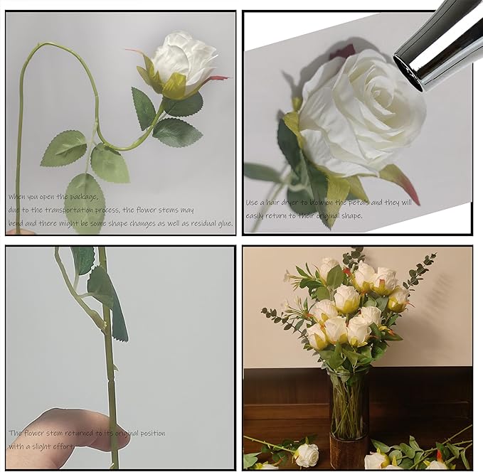 Artificial Roses 10 Pcs - Lifelike Single Stem Fake Roses with Natural Petal Texture,Fade-Resistant Silk Flowers for Wedding Decor,Home Vase Arrangements,Party Centerpieces(10, Creamy White)