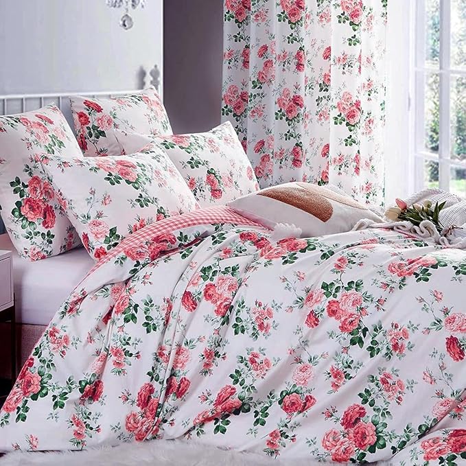 Pink Flower Duvet Cover Set Twin 3 Pieces Girls Floral Duvet Cover 100% Microfiber Blossom Rose Flower Comforter Cover Cottagecore Bedding Set Vintage Botanical Comforter Cover with Zipper Closure