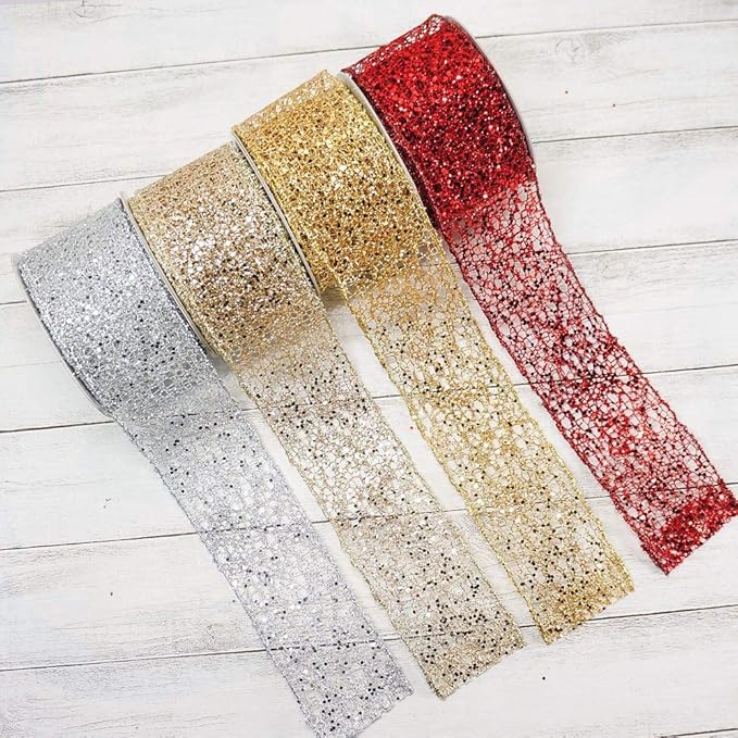CT CRAFT LLC Sparkling Glitter Mesh Wired Ribbon 2.5" x 10 Yards Red for Christmas Home Decor Bow Gift Wrapping DIY Crafts Wreath