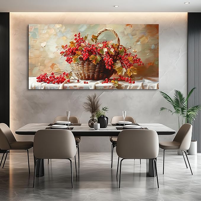 hyidecorart Large Canvas Print Wall Art Rustic Dining Room Artwork For Walls Still Life Bamboo Basket And Fruit Vintage Wall Decor Pictures For Living Room Farmhouse Kitchen Bar Office Posters 30x60