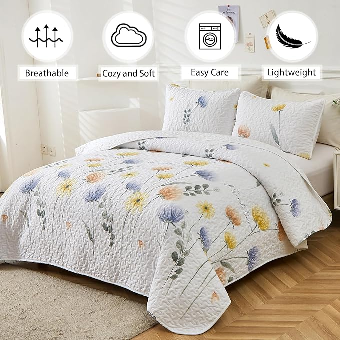 Dinjoy Floral Quilt Set King 3 Pieces Blue & Yellow Quilts Coverlet Set Bohemian Cute Bedspread Lightweight Farmhouse Bed Coverlet for Fall Winter All Season(110"x90")