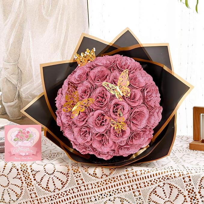Waipfaru Glitter Roses Bouquet, DIY Fake Flowers Bouquet, Birthday Gifts for Women Mom, 36 Pcs Rose Gold Rose for Wife Girlfriend Valentines, Mothers Day, Anniversary, Graduation