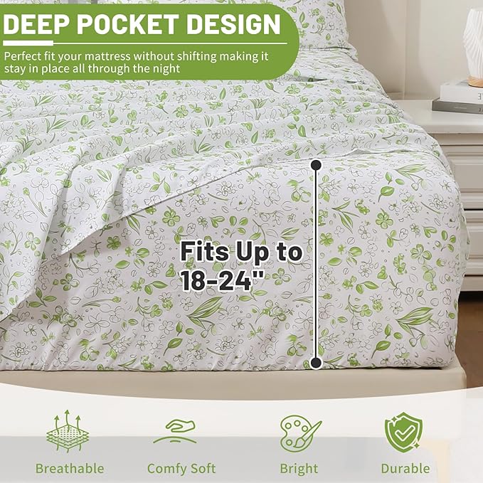Bedlifes Queen Size Extra Deep Pocket Sheet Sets - Fits Mattresses Up to 18-24" Thick, 4-Piece Microfiber Set with 1800 Thread Count, Soft, Smooth, Breathable, Featuring Cute Printed Green Floral