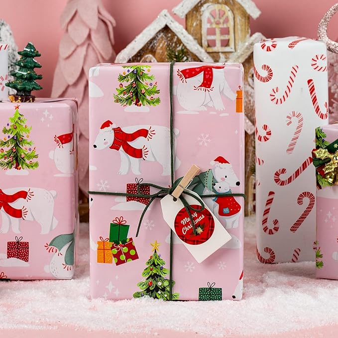 MAYPLUSS Christmas Wrapping Paper Roll - 17IN X 33FT - Pink Gift Wrap Paper Featuring Christmas Tree Polar Bear Scarf Hat Reversible Candy Cane for Kids, Holiday, New Year