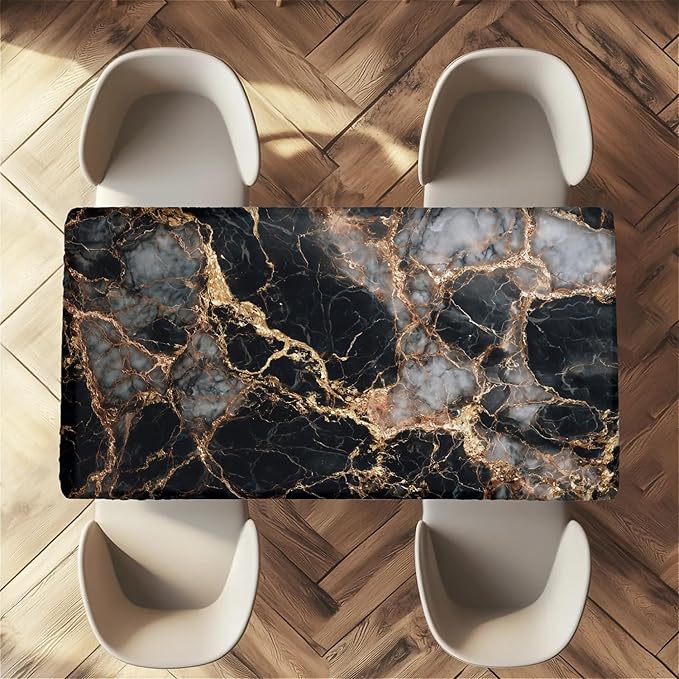 Rectangle Table Cloth Cover Waterproof Elastic Fitted Polyester Fitted Tablecloths for 8 Foot Tables for Indoor,Picnic, Camping, Outdoor （96" x 30"，Black Marble）