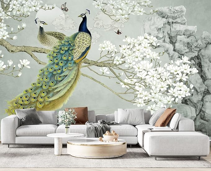 Magnolia Flower Peacock Chinoiserie Wallpaper for Bedroom 137" x 100"