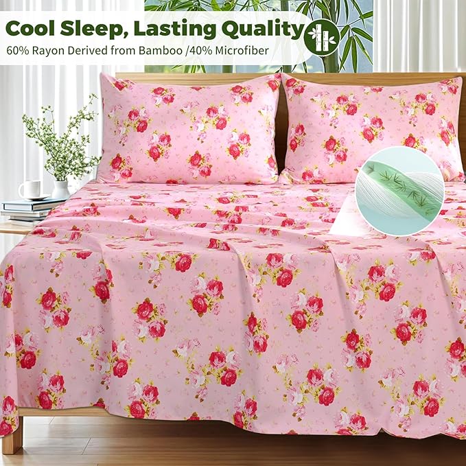 Bedlifes California King Floral 4-Piece Sheet Set - Cooling Sheets Blend Rayon Derived from Bamboo,Soft & Breathable, Deep Pocket 16", Wrinkle Resistant - Vibrant Boho Floral in Rose Pink