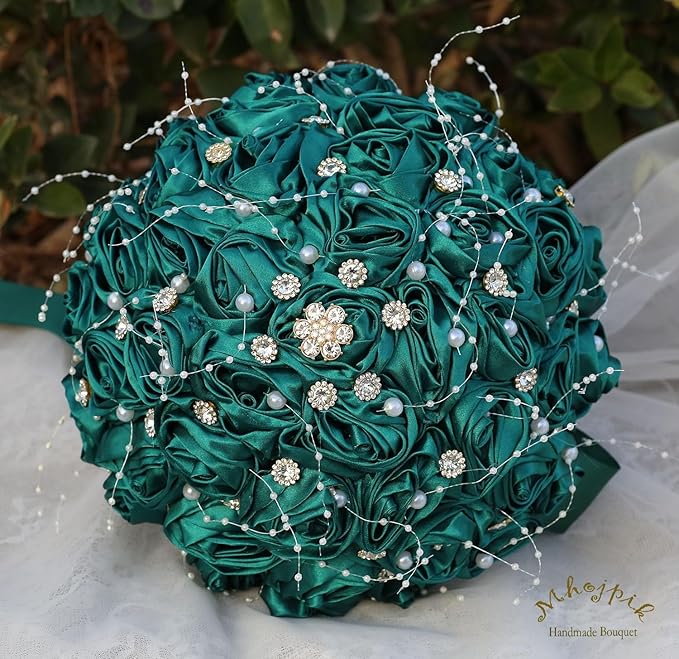 Bridal Wedding Bouquet Round Bling Brooch Bouquet Throw Toss Artificial Rose Flower Bunch for Bride Bridesmaid Wedding Quinceanera(Dark Green, 9.8")