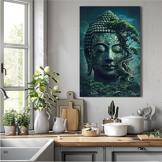 Buddha statue wall art canvas wall decor aesthetic picture mystical nature art for tranquil home and spiritual space 24x36in Wood Framed