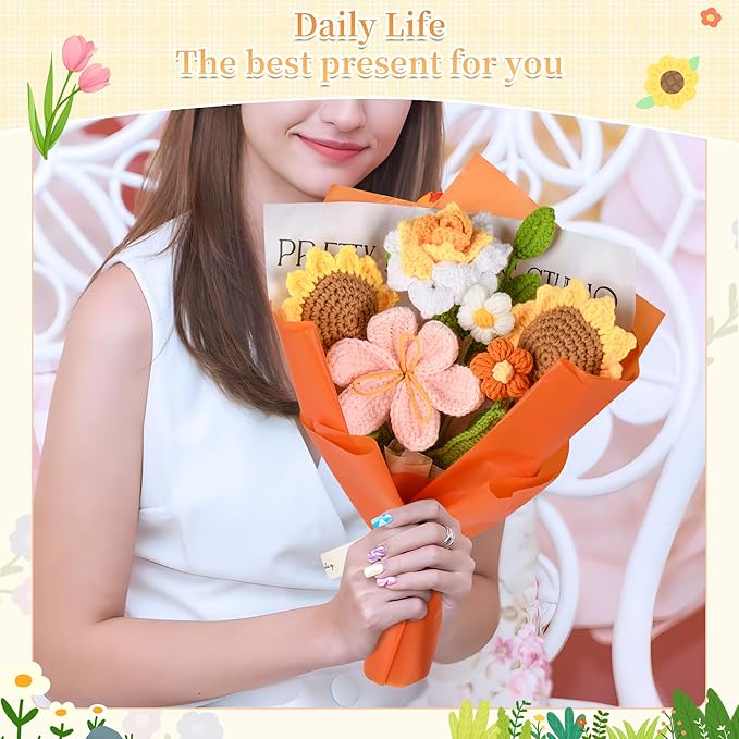 Crochet Flower Bouquet Handmade Crochet Flowers Gifts, Crochet Tulips Sunflowers Roses 7Pcs for Mothers Day Weddings Birthdays Home Decor Ideal for Women Moms Wife Friends(Orange)