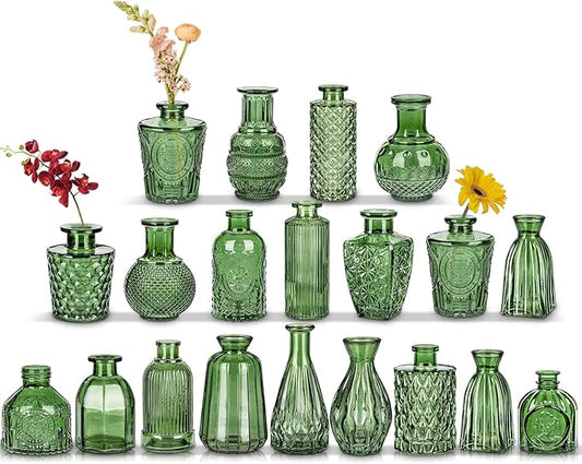 Glass Bud Vases Set of 20, Small Flower Vase in Bulk for Centerpieces, Mini Vintage Peacock Green Vases for Rustic Wedding Vintage Home Table Decor