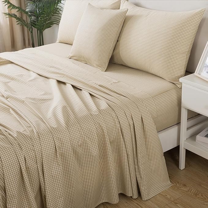 FADFAY Brown Plaid Queen Size Sheets 100% Cotton Geometric Checker Bedding Teens Grid White Gingham Pattern College Bedding Deep Pocket Sheets with 2 Pillowcases Ultra Soft 4pcs, Queen Size