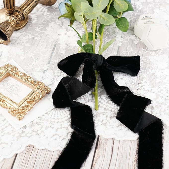 Black Velvet Ribbon 1.5 Inch Black Frayed Silk Velvet Ribbon Rustic Christmas Velvet for Gift Raw Edge Boho for Wedding Invitation Bridal Bouquet -3yards
