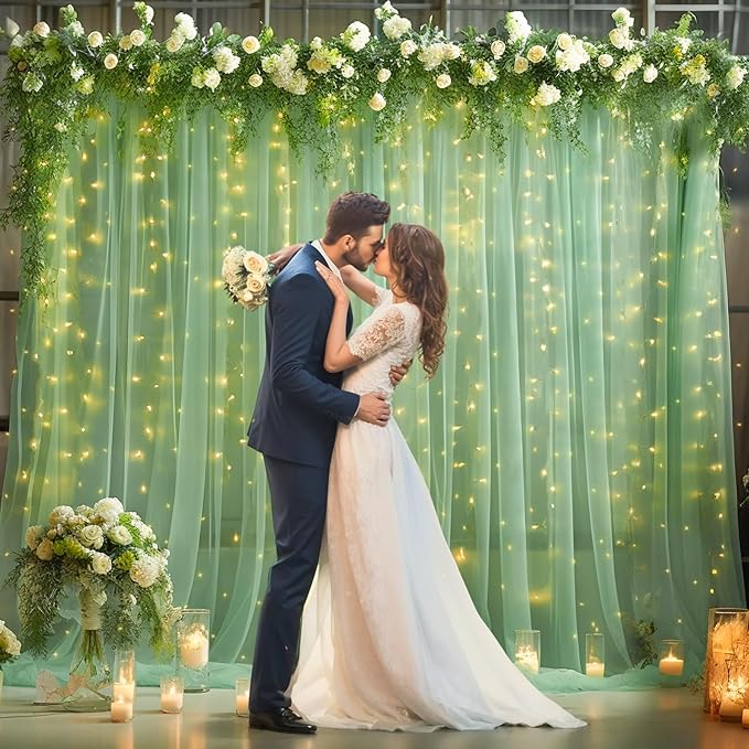 30x10ft Olive Green Tulle Backdrop Curtain with Lights String for Parites, Sheer Backdrop Curtains for Wedding Baby Shower Birthday Party Photo Shoot Decorations