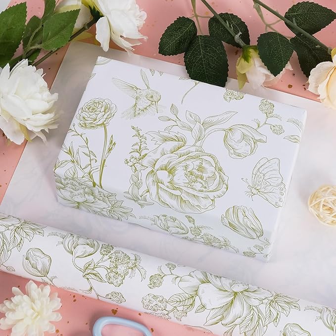 RayofSun Green Floral Wrapping Paper Roll 17 in x 32 ft Mini Roll Vintage Toile Flower Gift Wrap Paper for All Occasion Wedding Birthday Bridal Shower Party Baby Shower Christmas